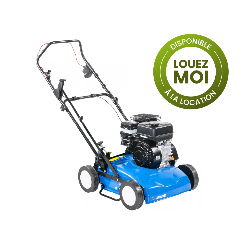 Scarificateur thermique Staub SC 382 R, moteur RATO 179 cm³, carter acier, réglage précis. Idéal pour grandes pelouses jusqu’à 1500 m².