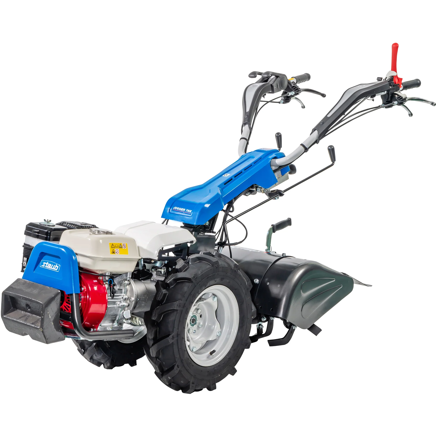 Motoculteur Staub JOGGER 7 H : moteur Honda GX 200, différentiel, EHS et Quick-Fit. Puissant, polyvalent et robuste.