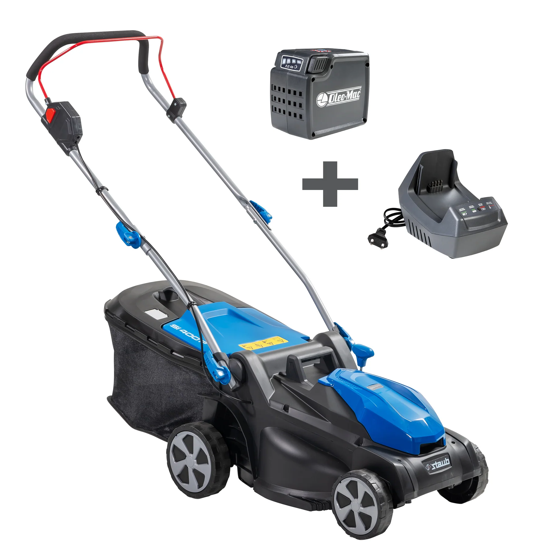 Tondeuse Staub SI 400 P avec batterie 40 V et chargeur. Légère, silencieuse, moteur brushless 650 W. Idéale petits jardins.