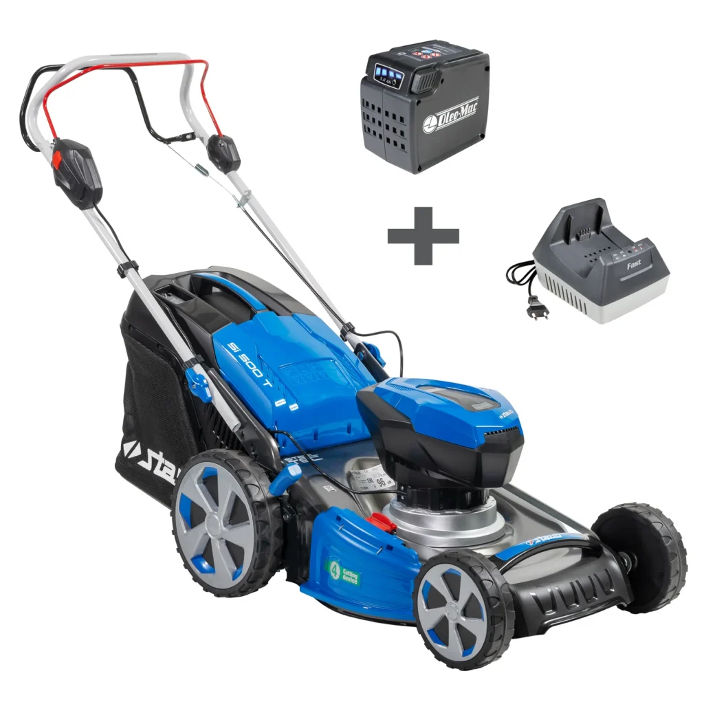 Tondeuse Staub SI 500 T avec batterie 40 V et chargeur. Tractée, moteur brushless 1250 W, carter acier. Idéale jardins moyens.