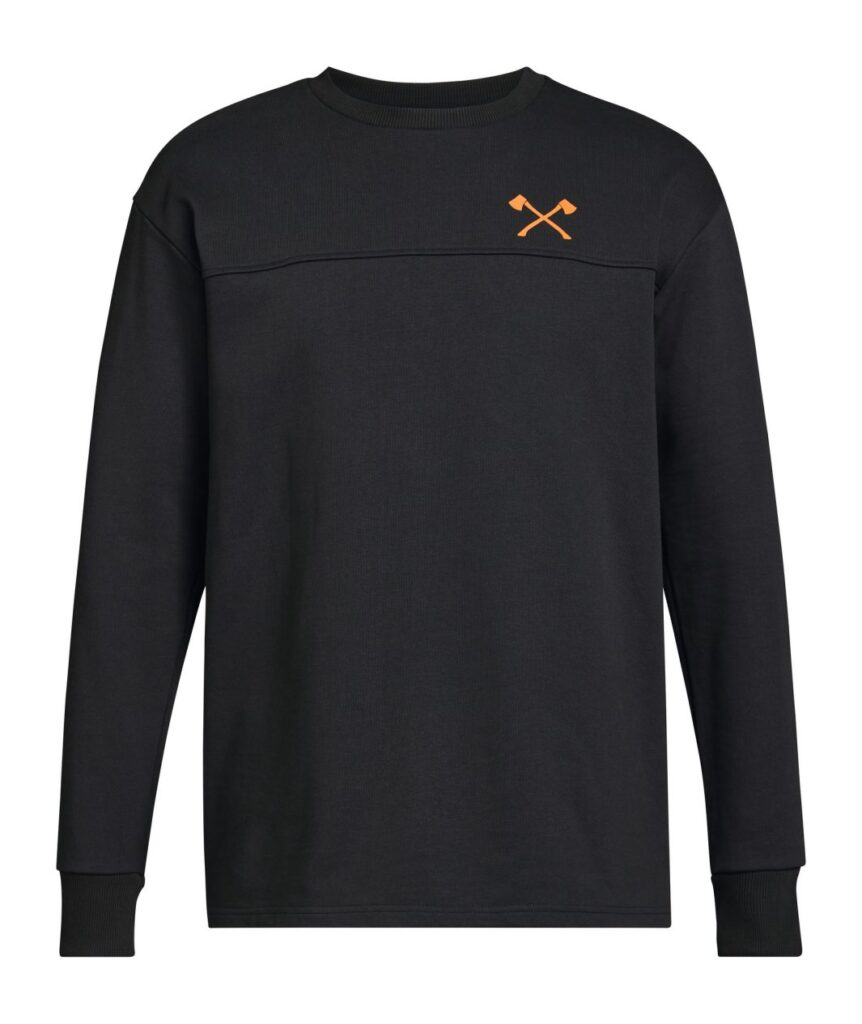 Sweat SMALL AXE STIHL Timbersports pour homme. Gris foncé, emblème haches croisées orange en relief, 100% coton. Tailles S à XXL.