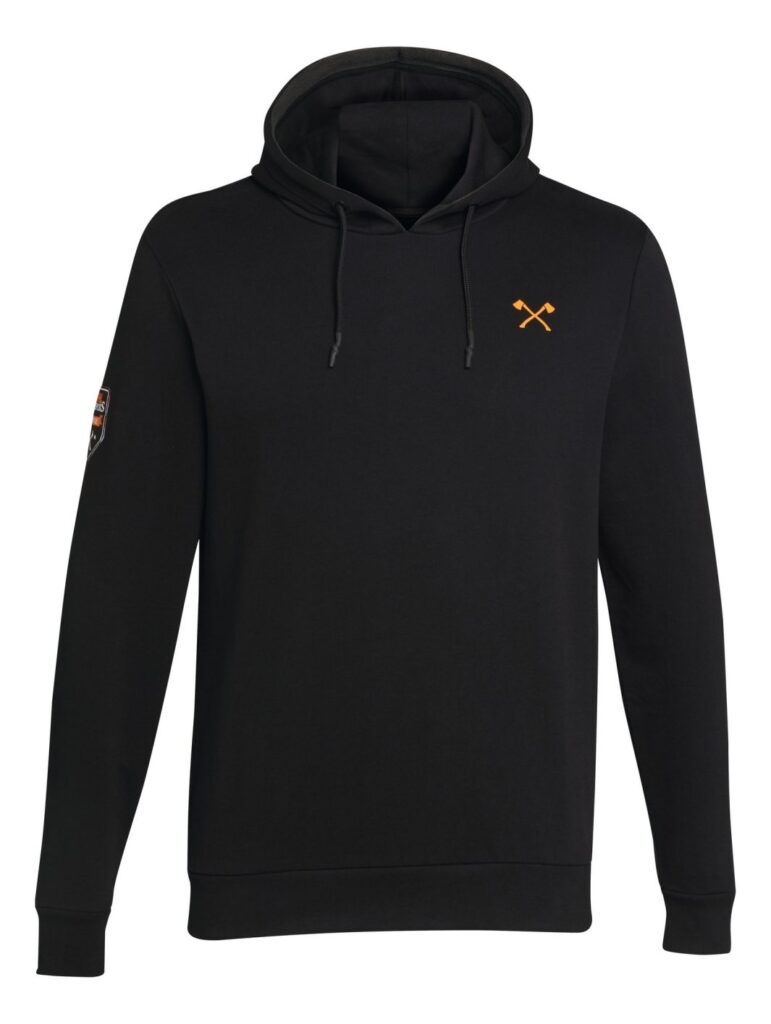 Sweat à capuche SMALL AXE STIHL : noir, logo haches croisées Timbersports®. Confortable, 80% coton, dispo du S au XXL.
