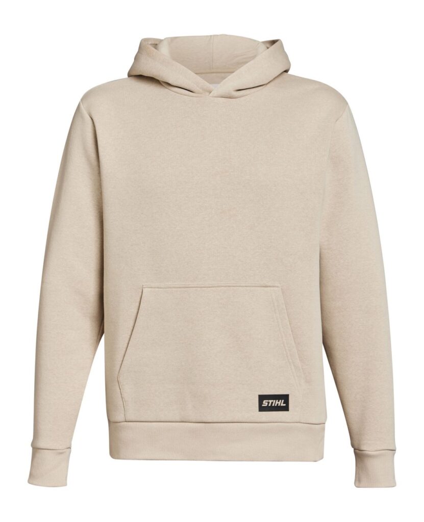 Sweat à capuche beige unisexe STIHL, logo discret, poche kangourou. Confortable et élégant, du XS au XXL.