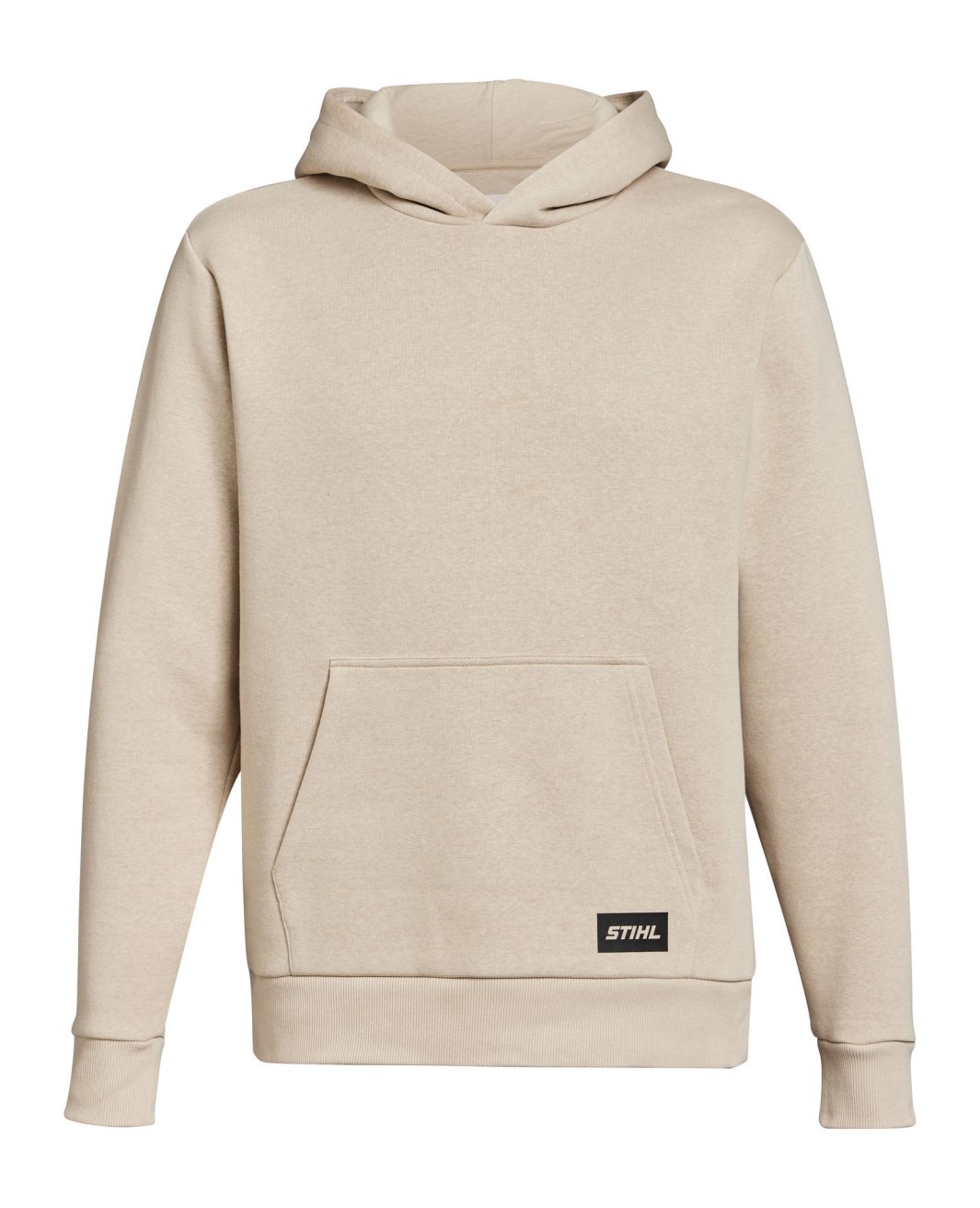 Sweat à capuche beige unisexe STIHL, logo discret, poche kangourou. Confortable et élégant, du XS au XXL.