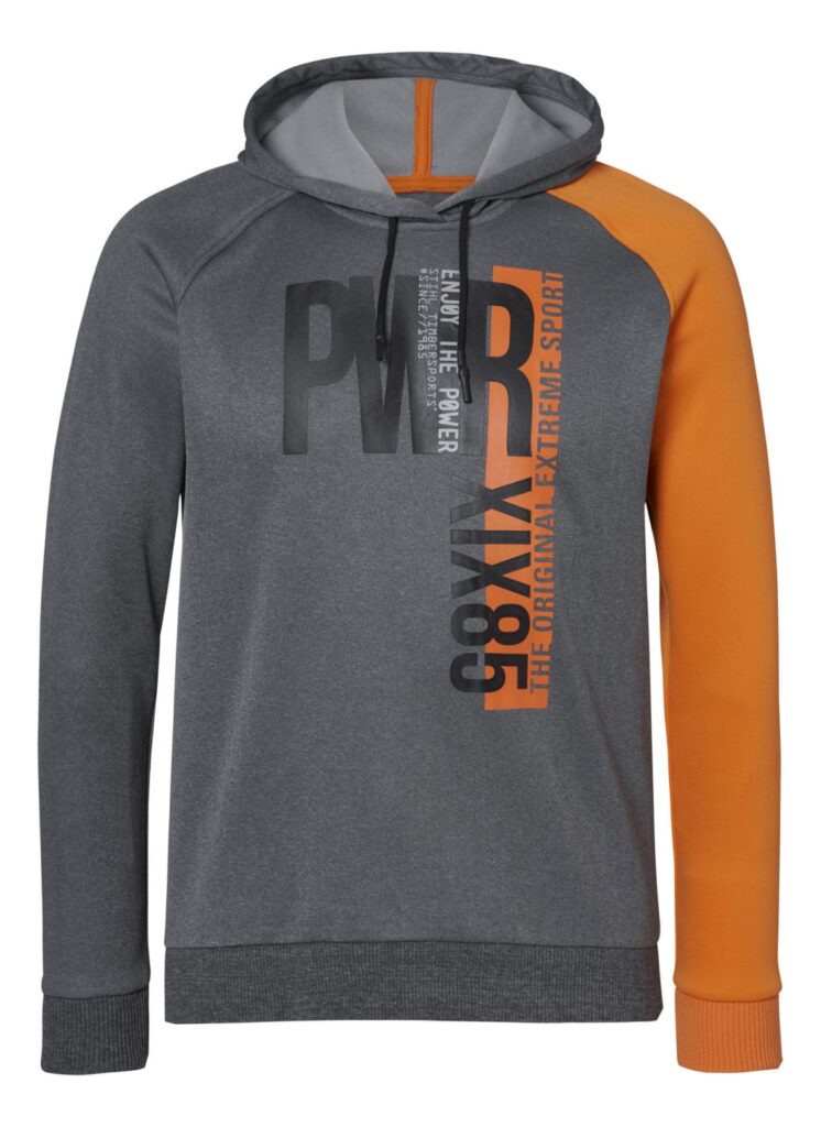 Sweat PWR STIHL pour homme : gris et orange, respirant, séchage rapide. Idéal pour le sport. Tailles S à XXL.