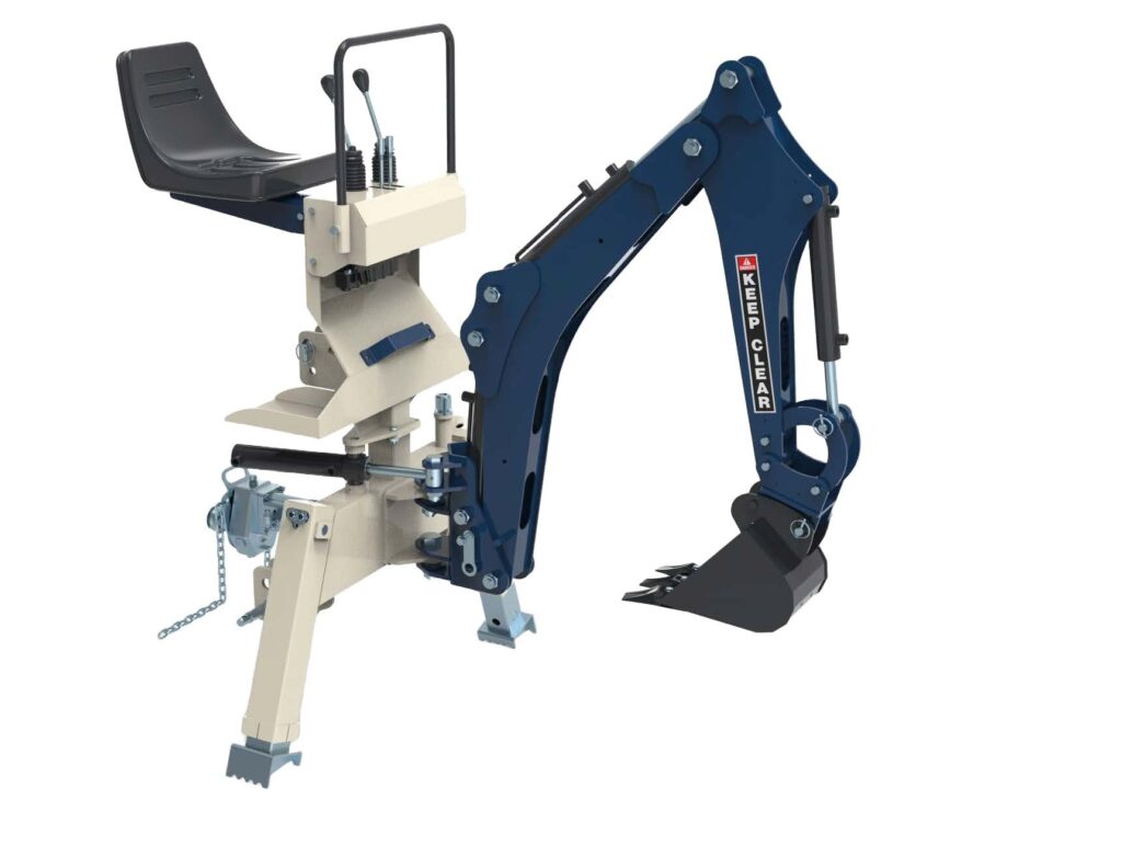 Pelle rétro URSA GALAXY pour tracteur 18 à 50 CV, stabilisateur 1400 mm, godet 200 mm, angulation 130°, usage professionnel.