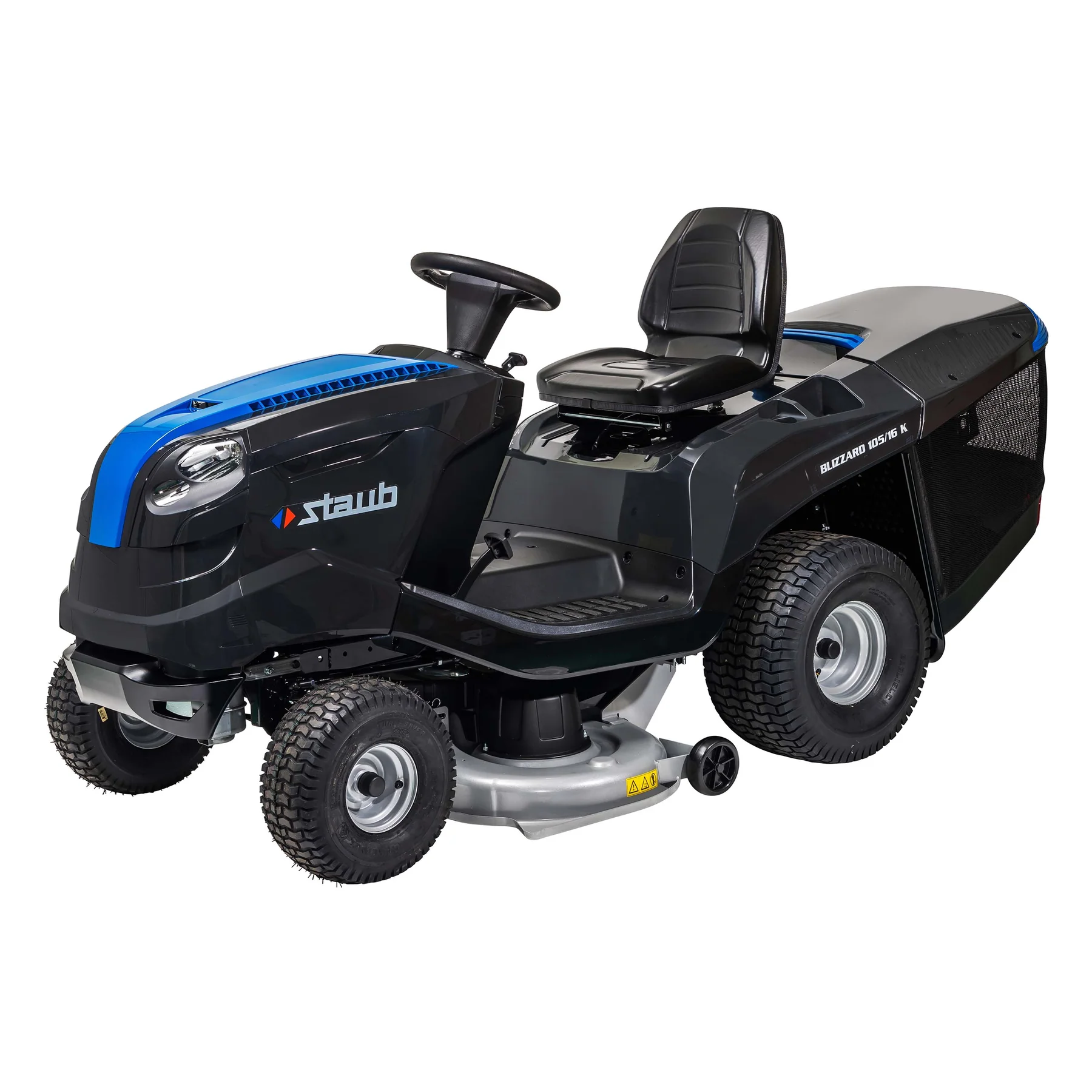 Autoportée Staub BLIZZARD 105 / 16 K, moteur EMAK 452 cm³, coupe 105 cm, bac 310 L, éjection arrière et mulching de série, idéale jusqu’à 5 000 m².