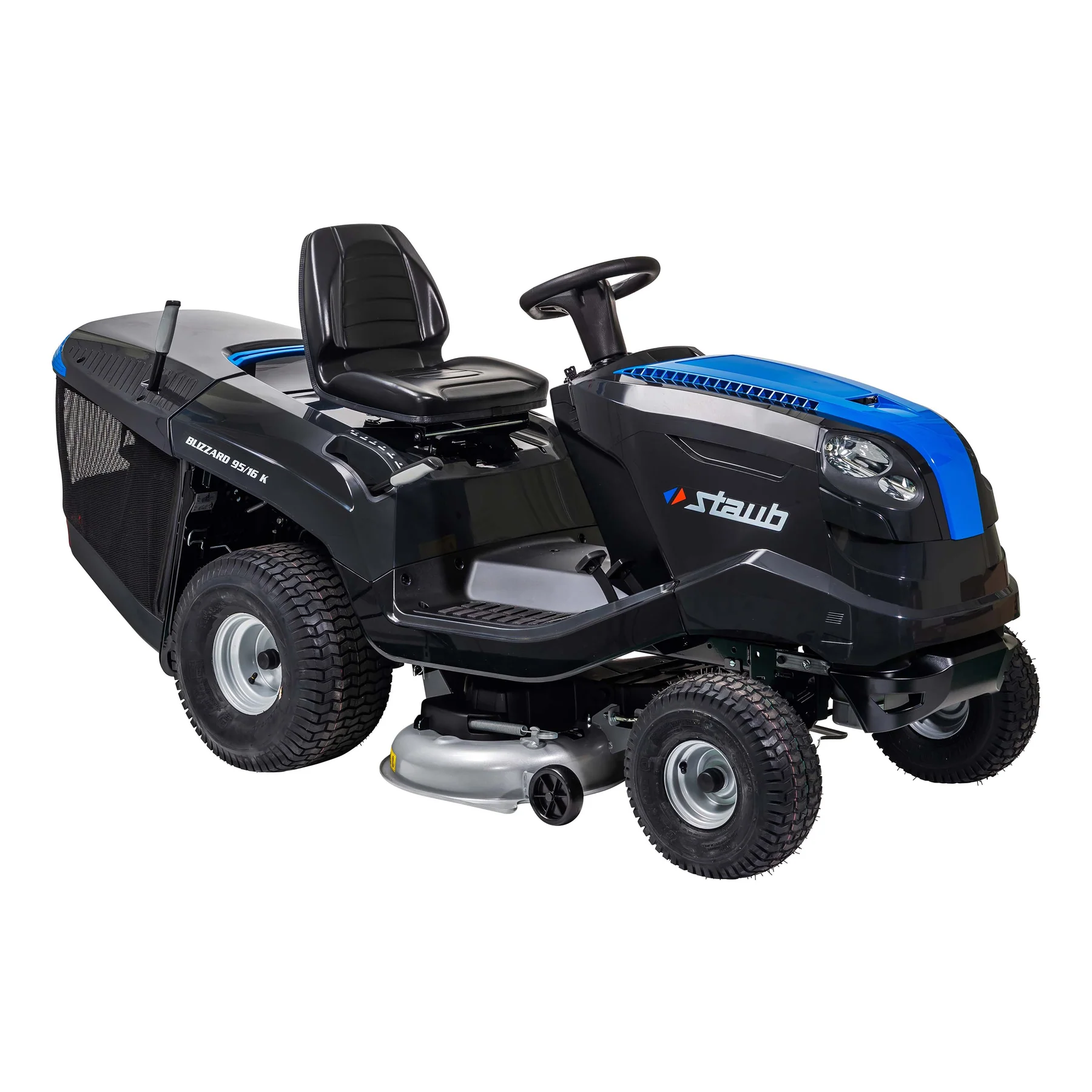 Autoportée Staub BLIZZARD 95 / 16 K, moteur EMAK 452 cm³, coupe 95 cm, bac 310 L, éjection arrière et mulching de série, idéale jusqu’à 4 000 m².