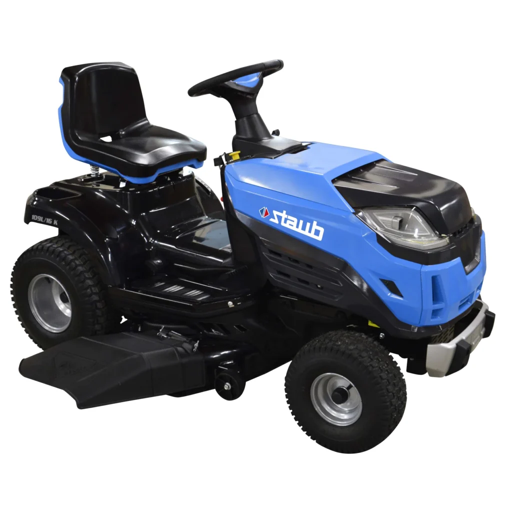 Autoportée Staub RAFALE 109 L avec moteur Emak 452 cm³, transmission hydrostatique, coupe 108 cm, éjection latérale, idéale jusqu’à 8000 m².