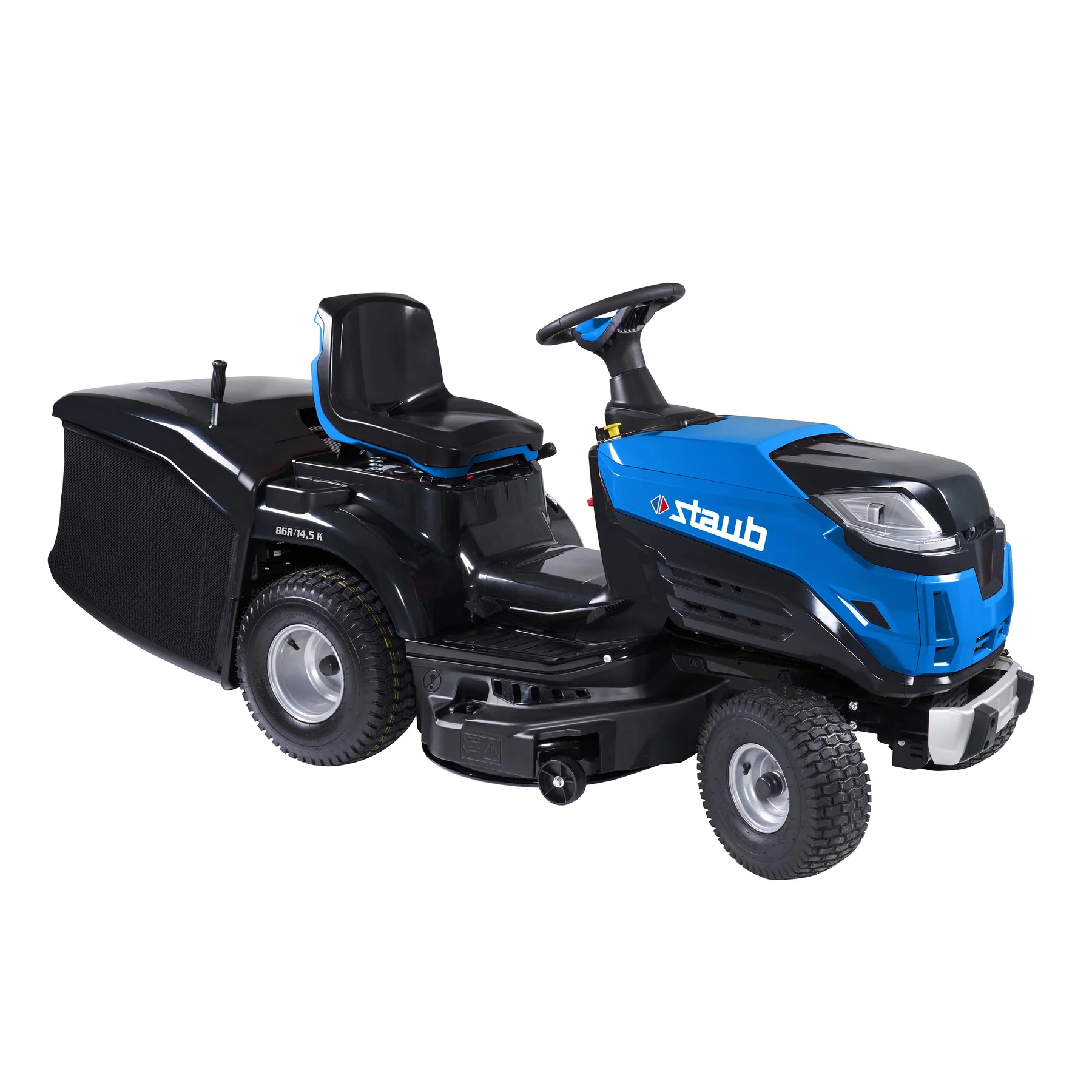 Autoportée Staub RAFALE 86 R 14,5 K avec moteur Emak 432 cm³, transmission hydrostatique, coupe 86 cm et bac 300 L, idéale jusqu’à 4000 m².