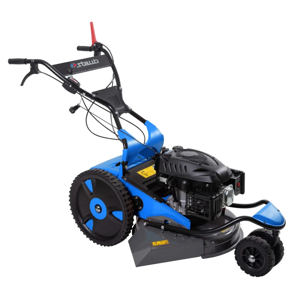 Débroussailleuse à roues Staub SD 159, lame mulching 51 cm, herbes hautes, pentes 20 %, surface jusqu’à 2000 m², guidon réglable.