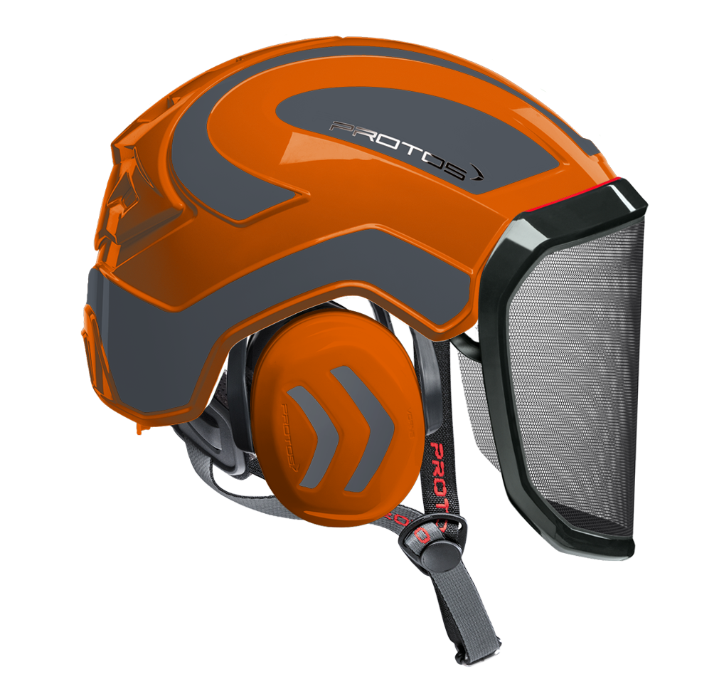 Casque Protos Integral Arborist orange et gris avec visière F39 et protections auditives intégrées