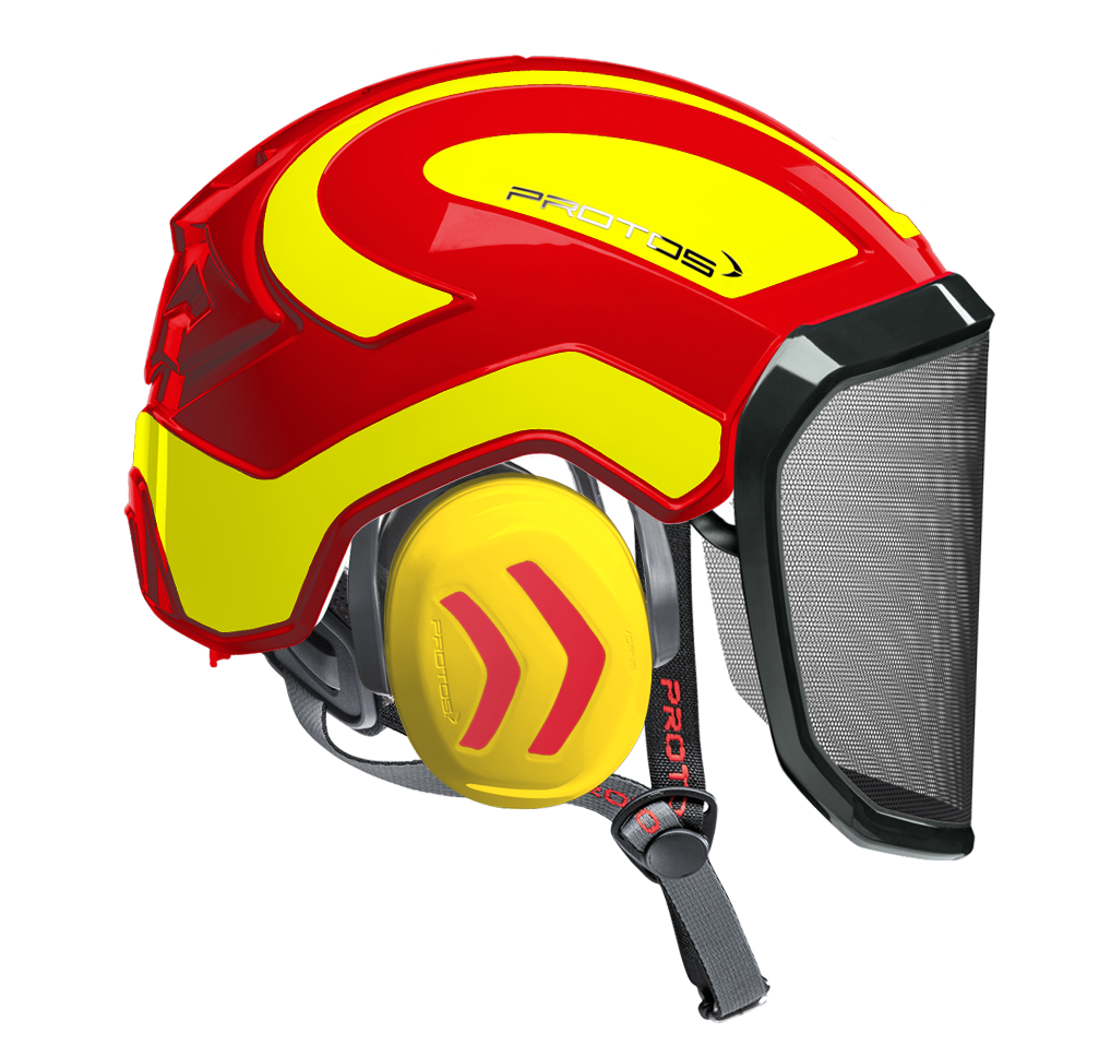 Casque Protos Integral Arborist rouge et jaune fluo avec visière F39 et jugulaire