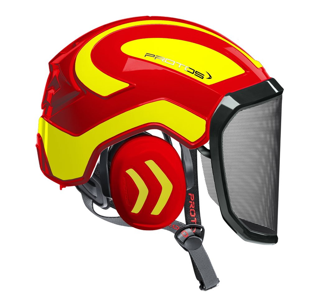 Casque Protos Integral Arborist rouge et jaune fluo avec visière F39 et jugulaire