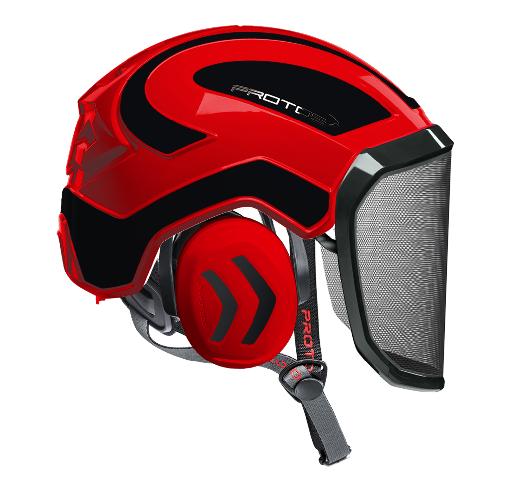 Casque Protos Integral Arborist rouge et noir avec visière F39 et mentonnière