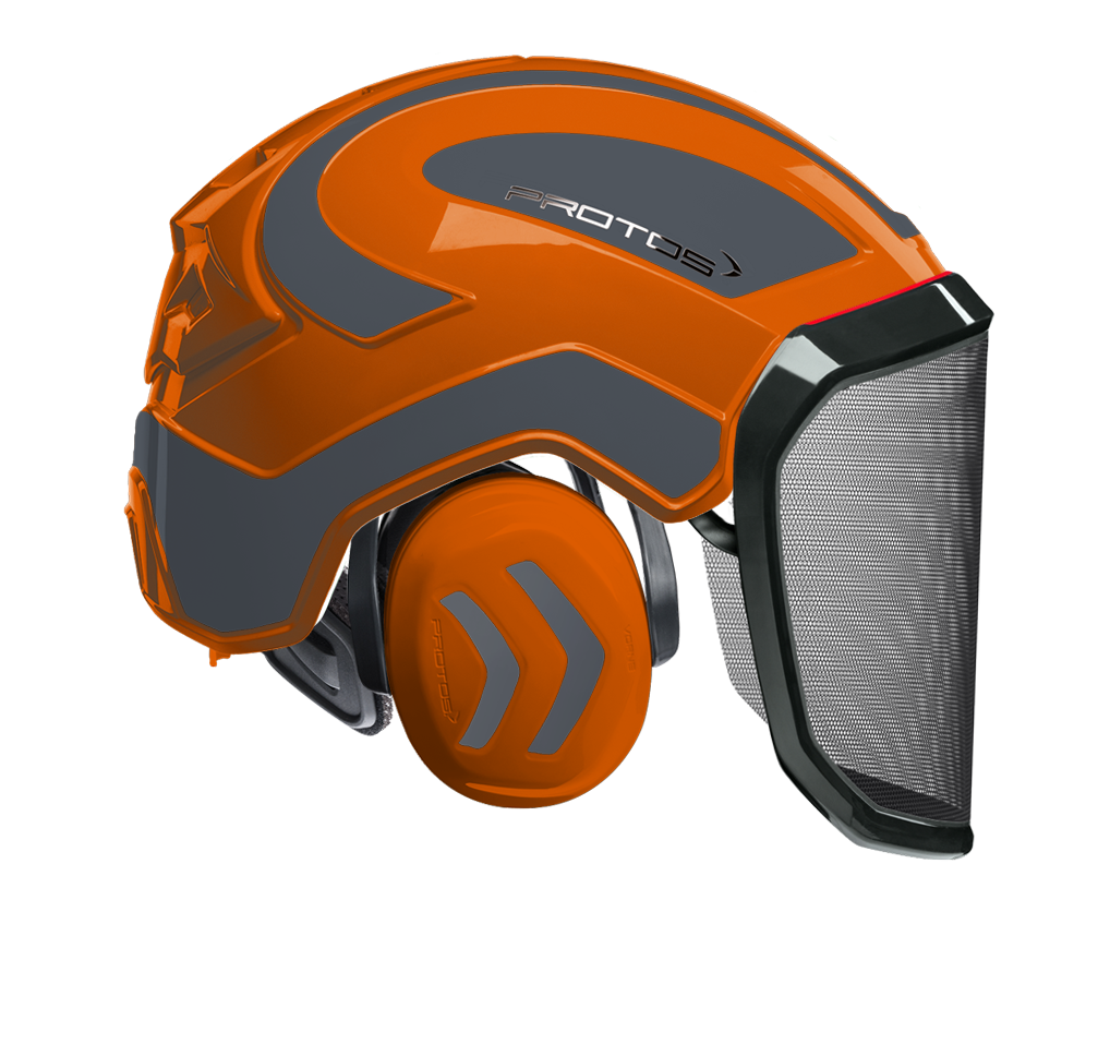 Casque Protos Integral Forest orange et gris avec visière grillagée F39 et protection auditive intégrée