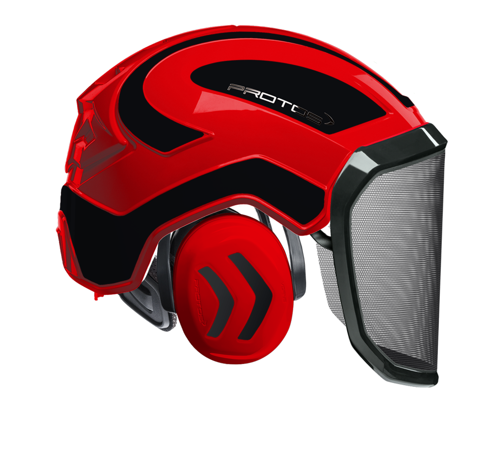 Casque Protos Integral Forest rouge et noir avec visière grillagée F39 et protection auditive intégrée