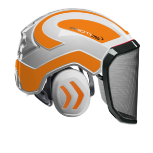 Casque Protos Integral Forest blanc et orange réflexe avec visière grillagée F39 et protection auditive intégrée