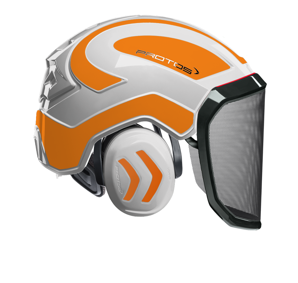 Casque Protos Integral Forest blanc et orange réflexe avec visière grillagée F39 et protection auditive intégrée
