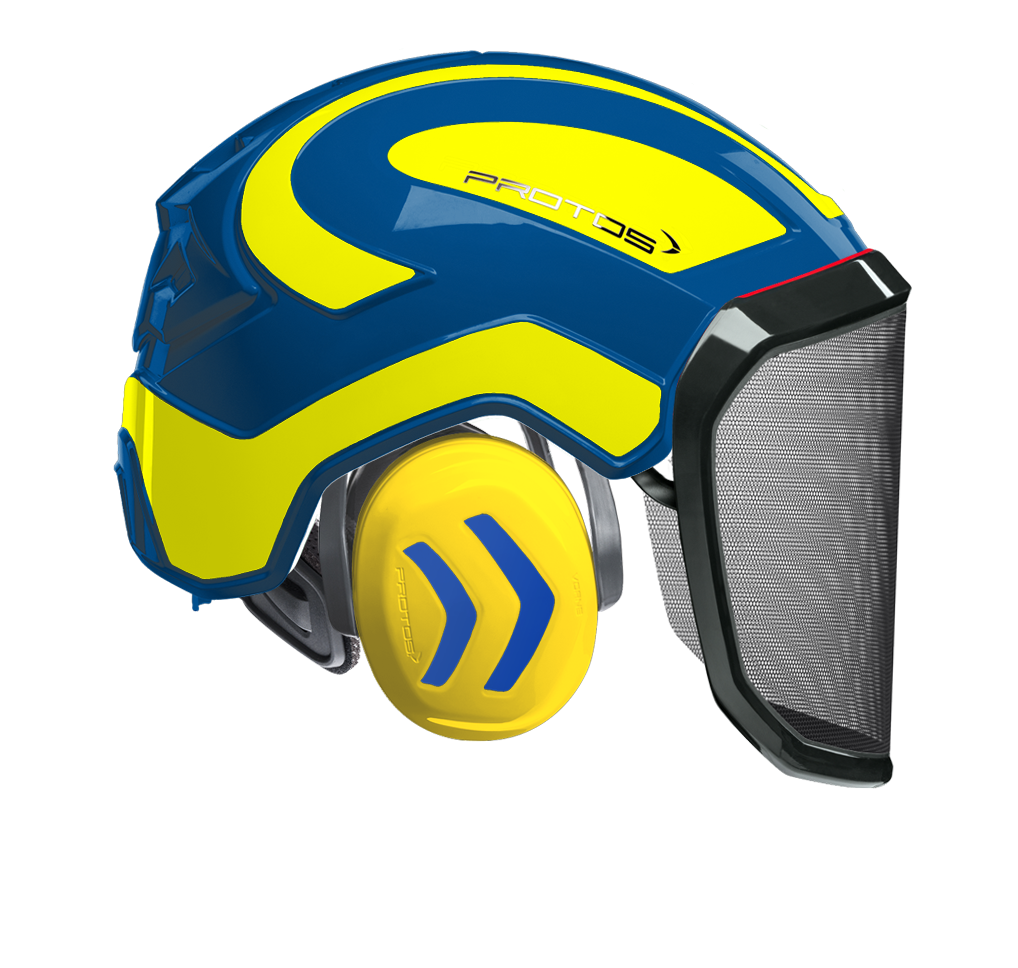 Casque Protos Integral Forest bleu et jaune avec visière grillagée F39 et protection auditive intégrée