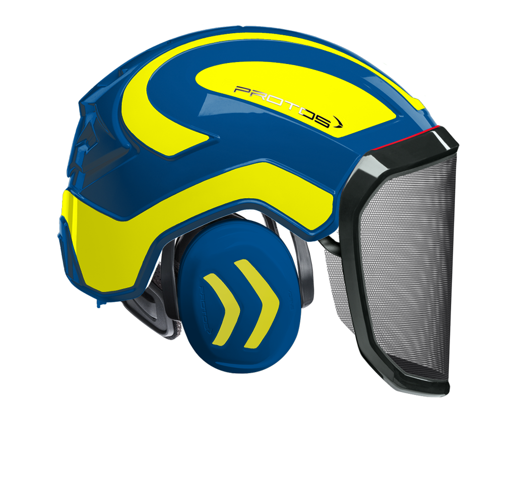 Casque Protos Integral Forest bleu et jaune avec visière grillagée F39 et protection auditive intégrée