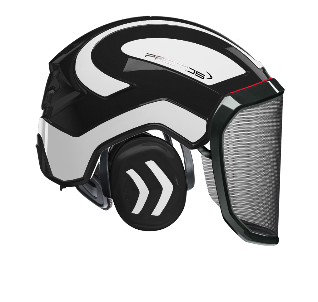 Casque Protos Integral Forest noir et blanc avec visière grillagée F39 et protections auditives intégrées