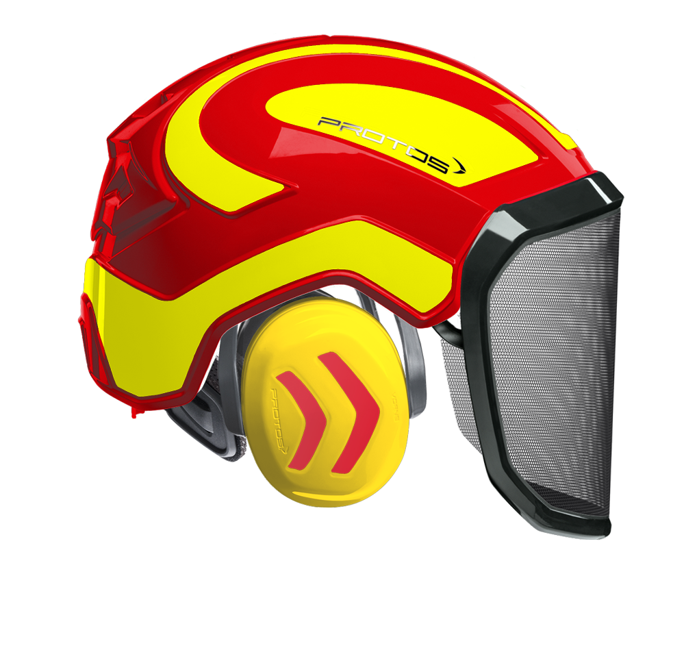 Casque Protos Integral Forest rouge et jaune fluo avec visière F39