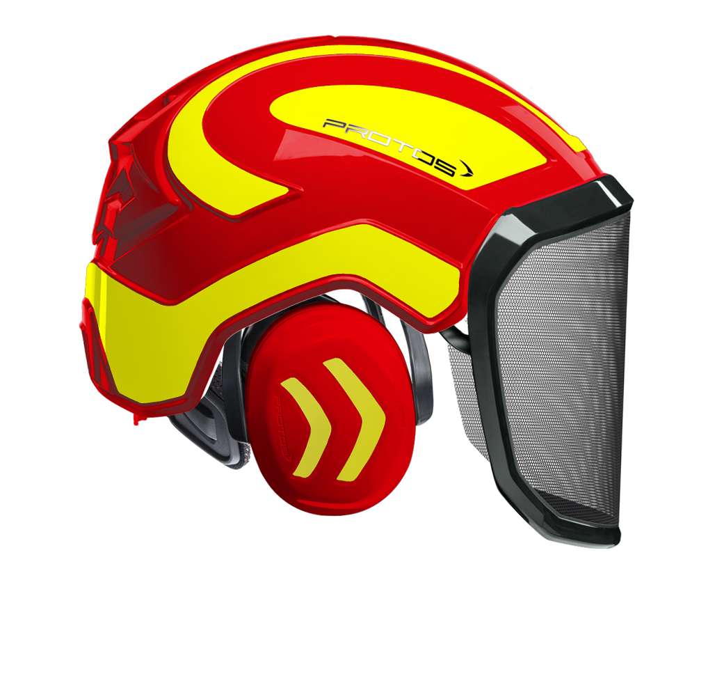 Casque Protos Integral Forest rouge et jaune fluo avec visière grillagée F39 et protection auditive intégrée