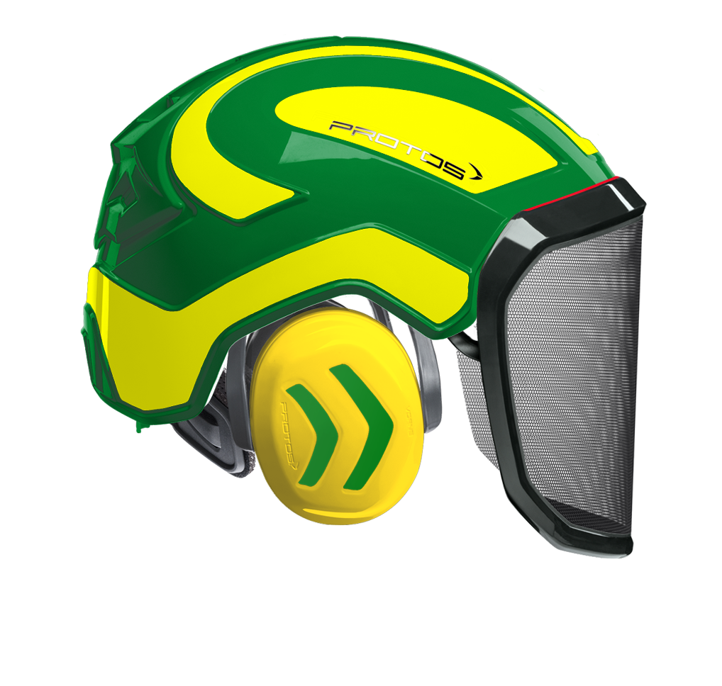 Casque Protos Integral Forest vert et jaune fluo avec visière grillagée F39 et protection auditive intégrée