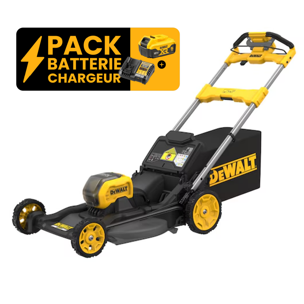 Tondeuse autopropulsée brushless DEWALT DCMWSP550 54V XR FLEXVOLT 53 cm 46 min 980 m2 3 en 1 2 lames traction arrière offre jardin batteries FLEXVOLT