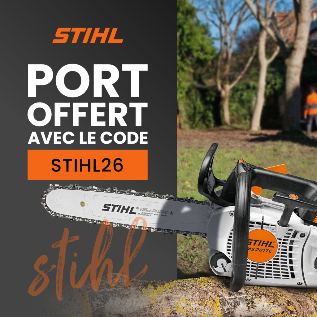 Bannière promotionnelle livraison gratuite avec code STIHL26 sur les tronçonneuses STIHL, Jabot.fr