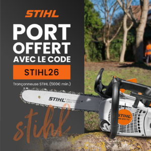 Visuel promotionnel port offert code STIHL26 sur l'achat d'une tronçonneuse STIHL, boutique Jabot.fr