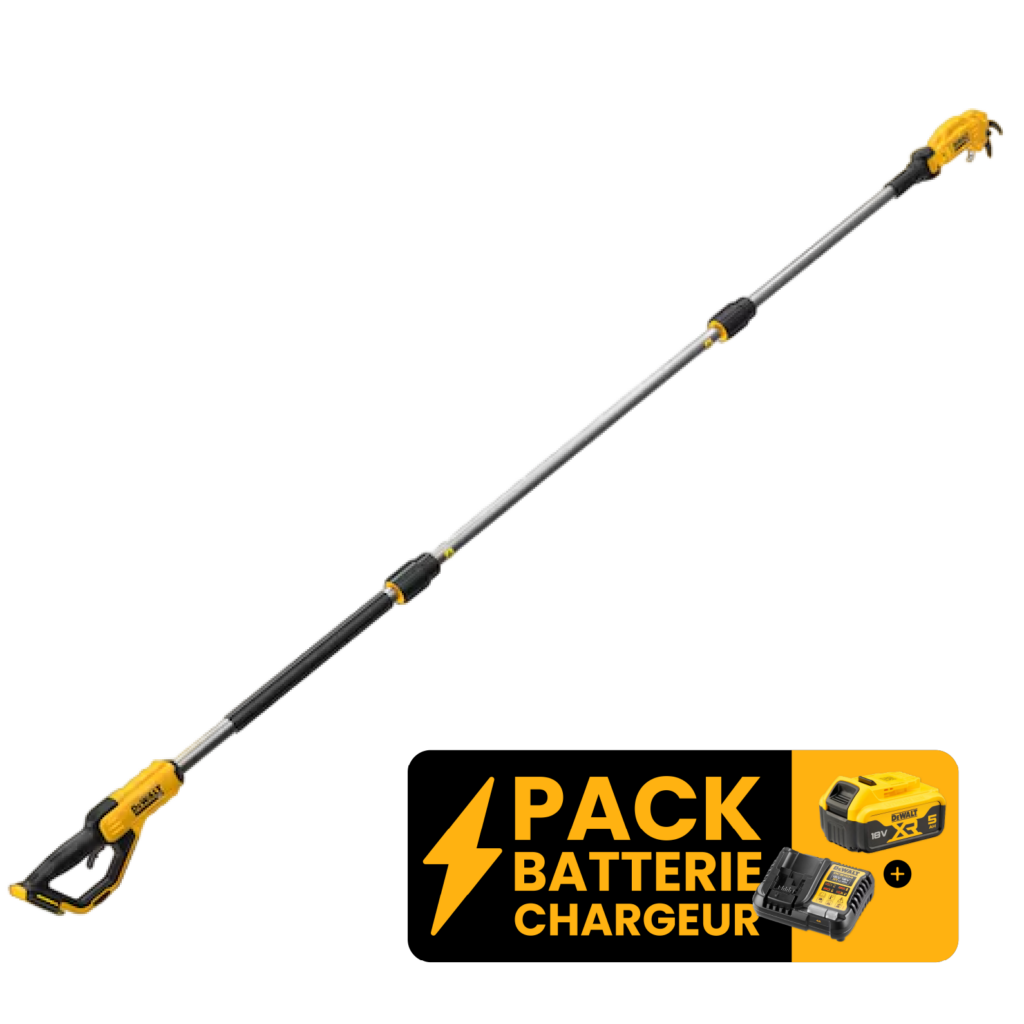 Sécateur sur perche DEWALT DCMPP569 18V XR portée 3 m coupe 38 mm tête articulée 5 positions lame remplaçable crochet métal