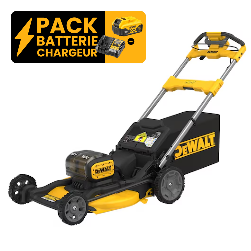 Tondeuse autopropulsée brushless DEWALT DCMWSP156 2x18V XR 53 cm 64 min 1340 m2 3 en 1 2 lames détection automatique 6 hauteurs de coupe