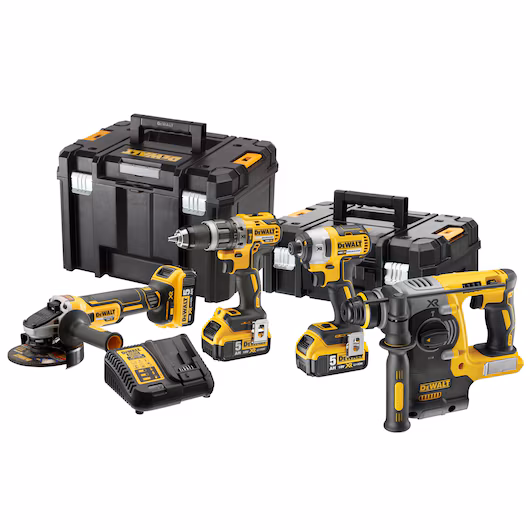 Kit 4 outils brushless DEWALT DCK422P3T 18V XR meuleuse DCG405 perforateur DCH273 perceuse DCD796 visseuse DCF887 3 batteries 5Ah 2 coffrets TSTAK