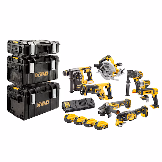 Kit Premium 8 outils brushless DEWALT DCK853P4 18V XR DCD996 DCF887 DCS570 DCS355 DCL050 DCG405 DCH273 DCS367 4 batteries 5Ah coffrets TOUGHSYSTEM chariot
