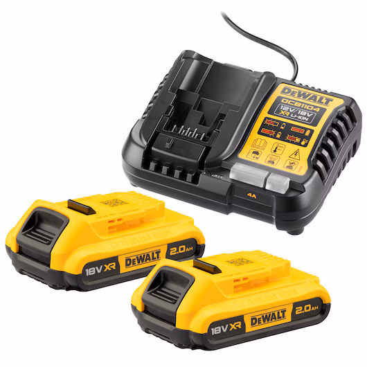 Pack 2 batteries DEWALT DCB1104D2 18V XR 2Ah Li-Ion chargeur universel 10,8V 18V LED 4 niveaux charge 4Ah 64 minutes