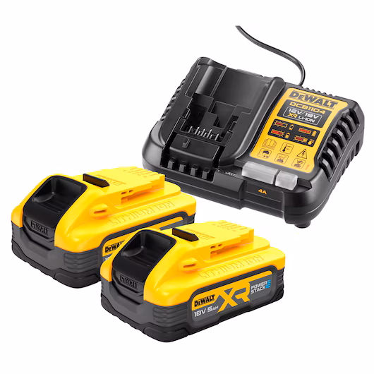 Pack 2 batteries POWERSTACK DEWALT DCB1104H2 18V XR 5Ah +50% puissance +50% autonomie durée vie x2 vs DCB184 chargeur inclus