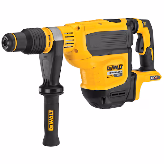 Perforateur burineur SDS-max brushless DEWALT DCH614 54V XR FLEXVOLT avec force de frappe 10,5J, perçage béton 45 mm, système anti-rotation, Active Vibration Control 8,4 m/s², Wireless Tool Control, stop de rotation avec verrouillage et coffret robuste. Vendu sans batterie ni chargeur.