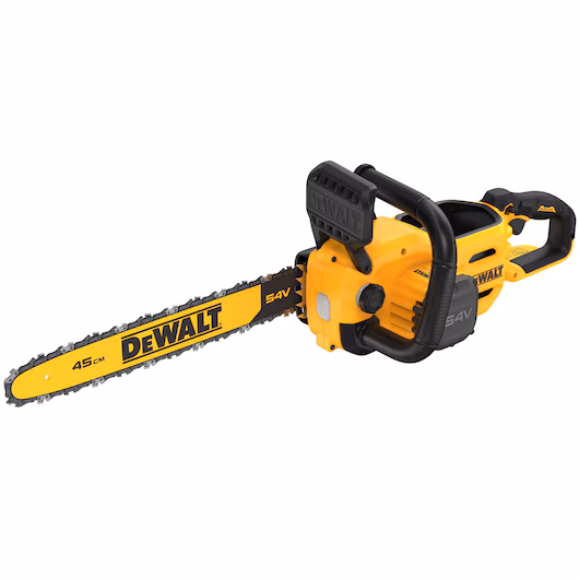 Tronçonneuse brushless DEWALT DCMCS574 54V XR FLEXVOLT guide 45 cm 23 m/s 160 coupes charge harnais LED version nue ou pack 9Ah
