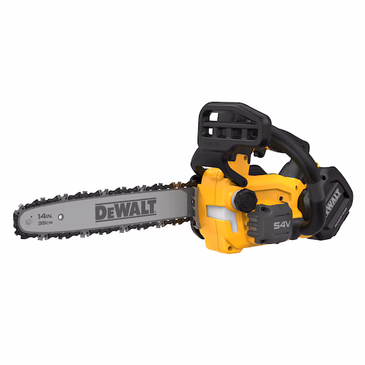 Tronçonneuse élagage brushless DEWALT DCMCST635 54V XR FLEXVOLT guide 35 cm 23 m/s 160 coupes charge point attache harnais tableau bord LED