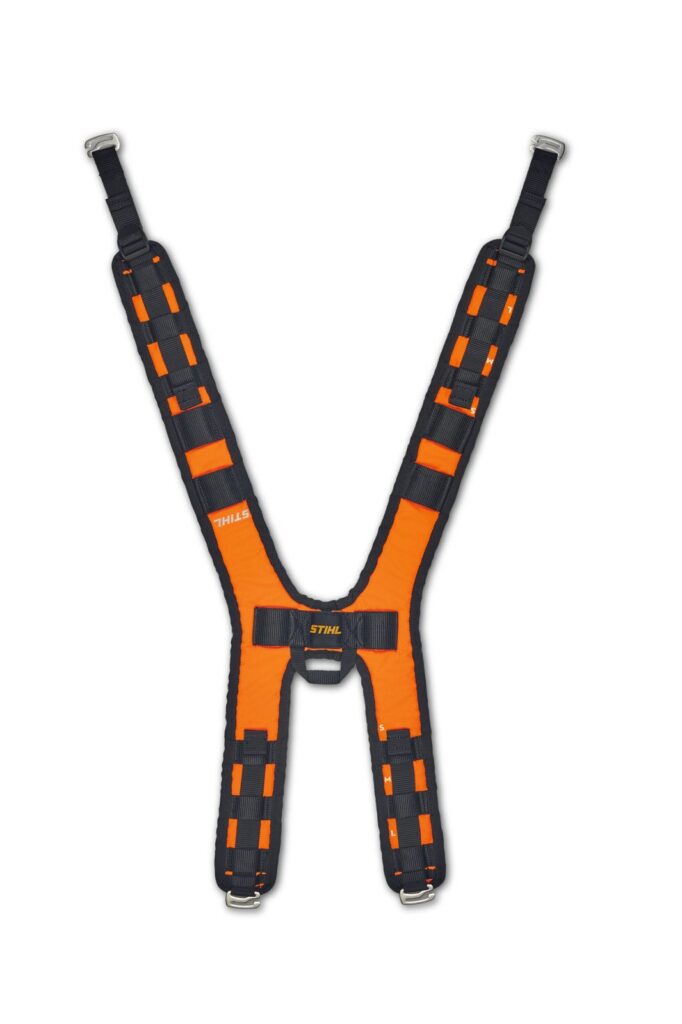 Harnais STIHL ADVANCE X-FLEX système modulable clips répartition poids sangle 3 positions réfléchissants orange signalisation