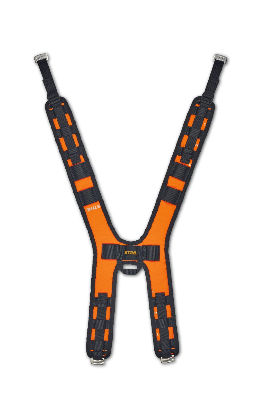 Harnais STIHL ADVANCE X-FLEX système modulable clips répartition poids sangle 3 positions réfléchissants orange signalisation