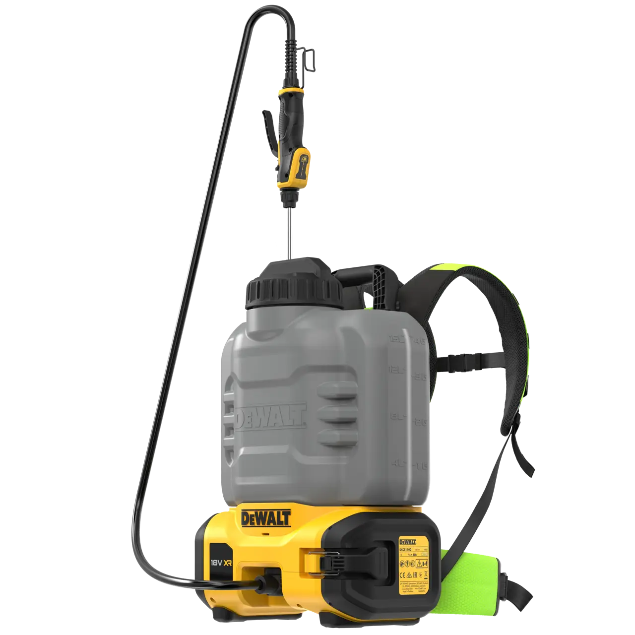 Pulvérisateur chimique dorsal DEWALT DCCS1100 18V XR 10,3 bars 3 L/min 11 m 6 buses bretelles haute visibilité béton coffrage