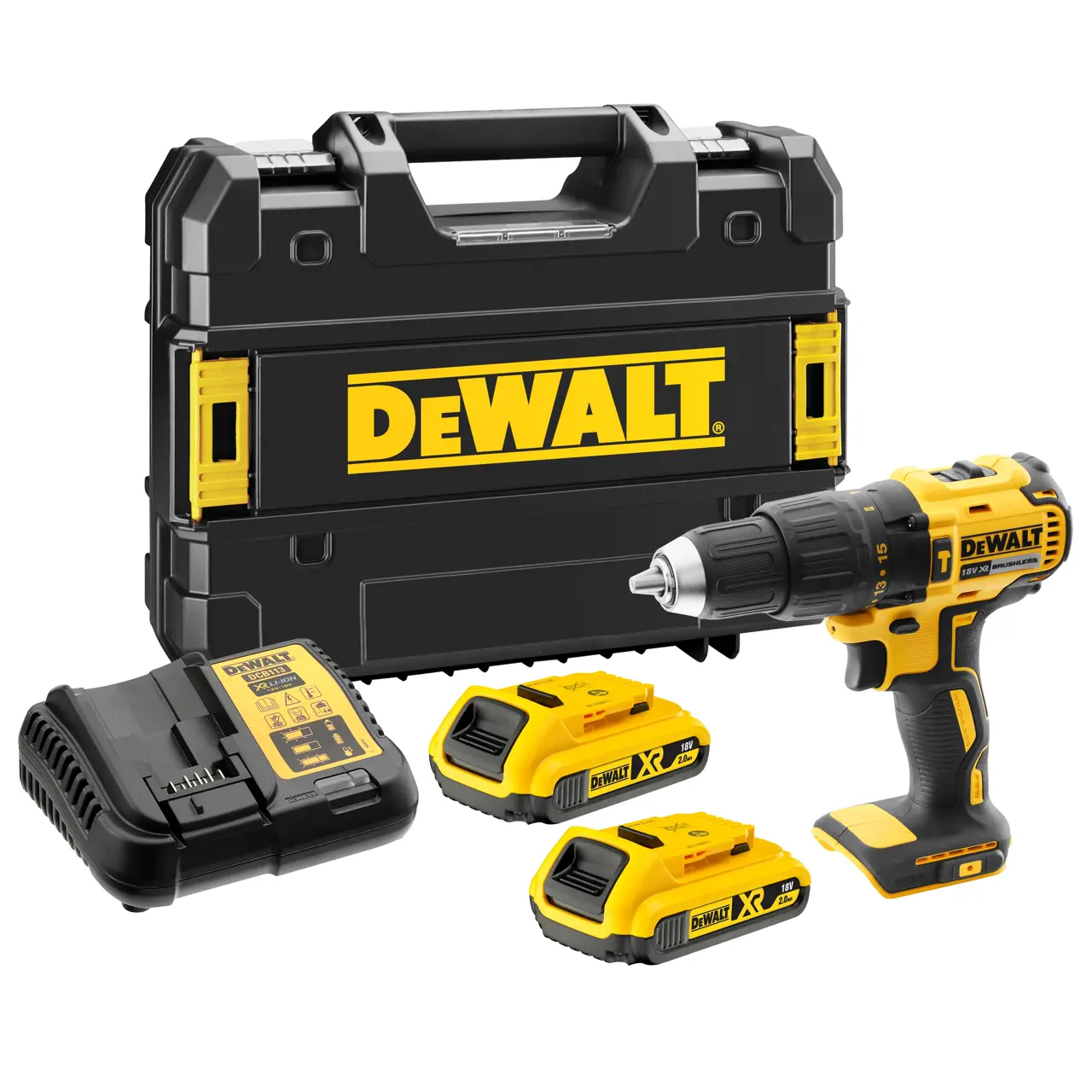 Perceuse à percussion DEWALT DCD778 18V XR brushless mandrin 13 mm mode marteau 15 embrayages poignée caoutchouc 1,2 kg