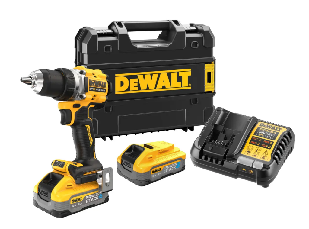 Perceuse-visseuse DEWALT DCD800 18V XR POWERSTACK brushless 90 Nm 164 mm LED pivotante coffret TSTAK 2 batteries 5 Ah