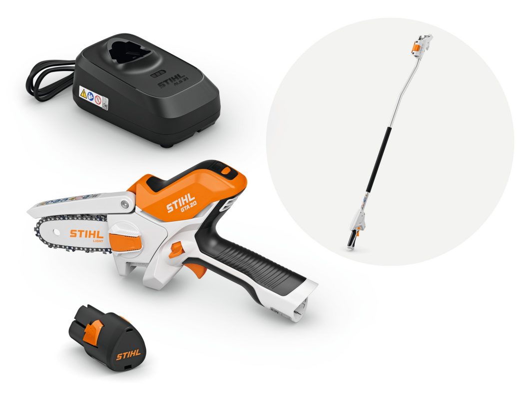 Scie de jardin batterie STIHL GTA 20 Pack Rallonge AS System 11V guide 10 cm PM3 RightTight batterie AS 2 chargeur ALS 31 rallonge