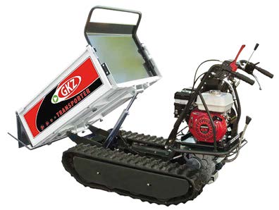 Transporteur à chenilles GKZ GK500HEI avec plateau extensible et basculement hydrauliqueTransporteur GKZ GK500HEI équipé d’un moteur Honda GX200, d’un plateau extensible et d’un système de basculement hydraulique.